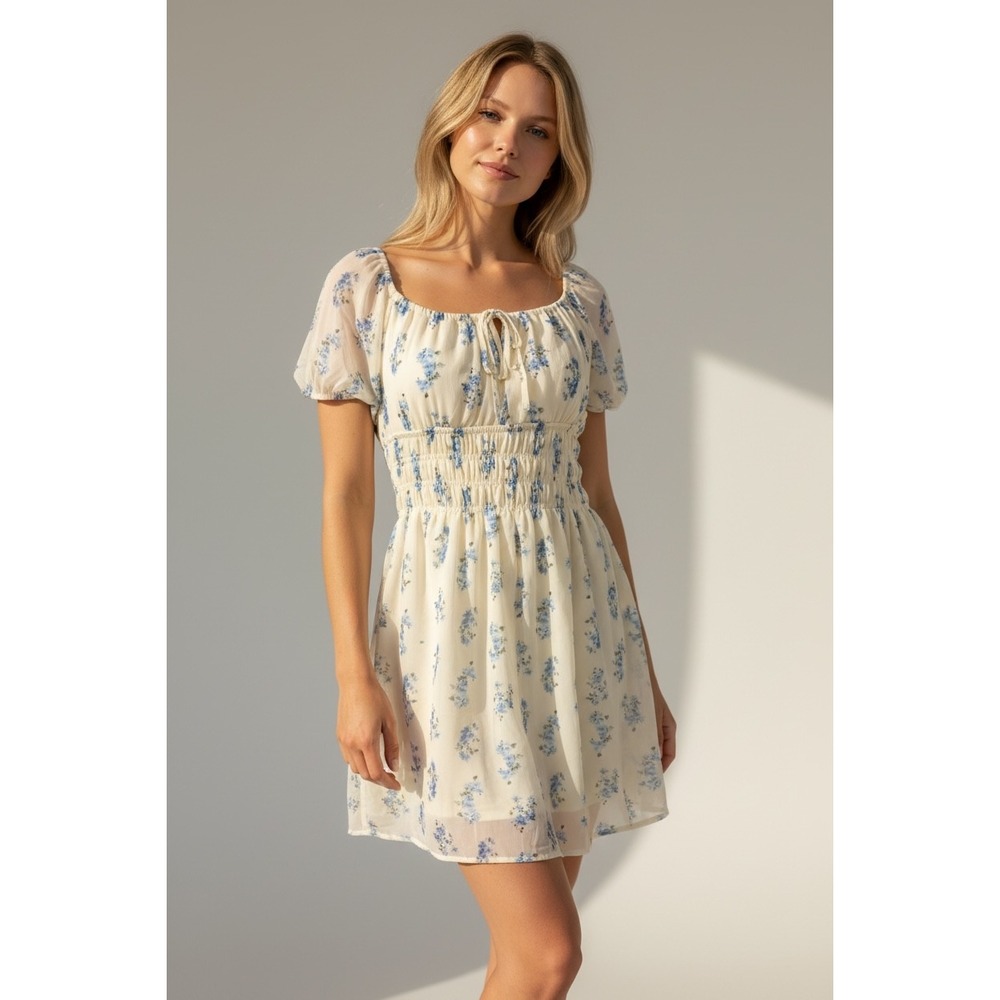 NEW Another Story Blue Floral Smocked Mini Dress Size Large Cottage core Cream